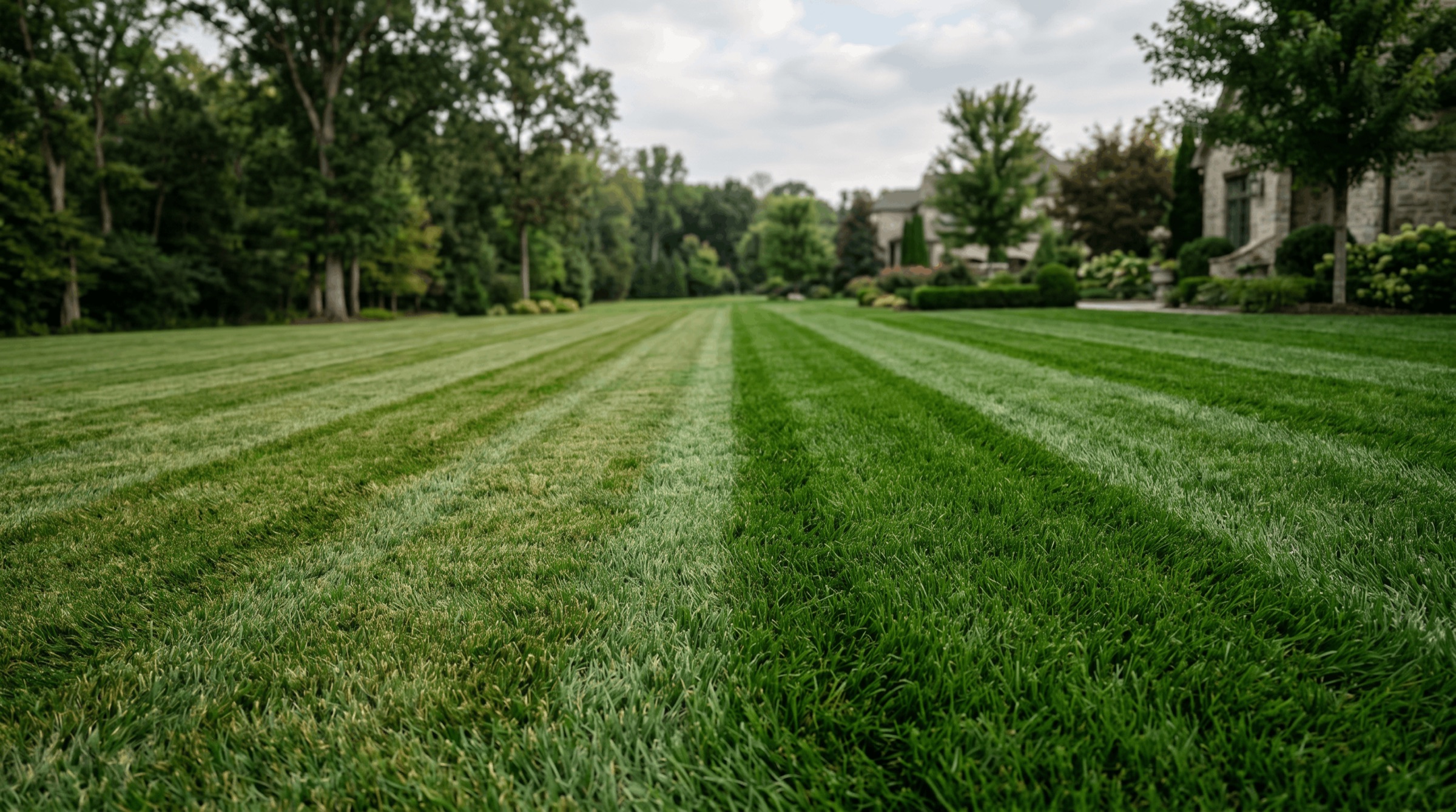 A wide Brentwood estate lawn, freshly striped at golden hour