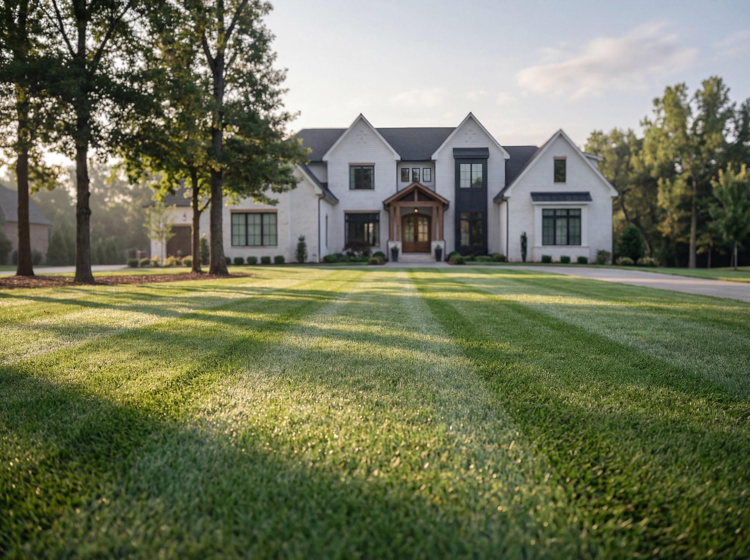 An estate front lawn at golden hour