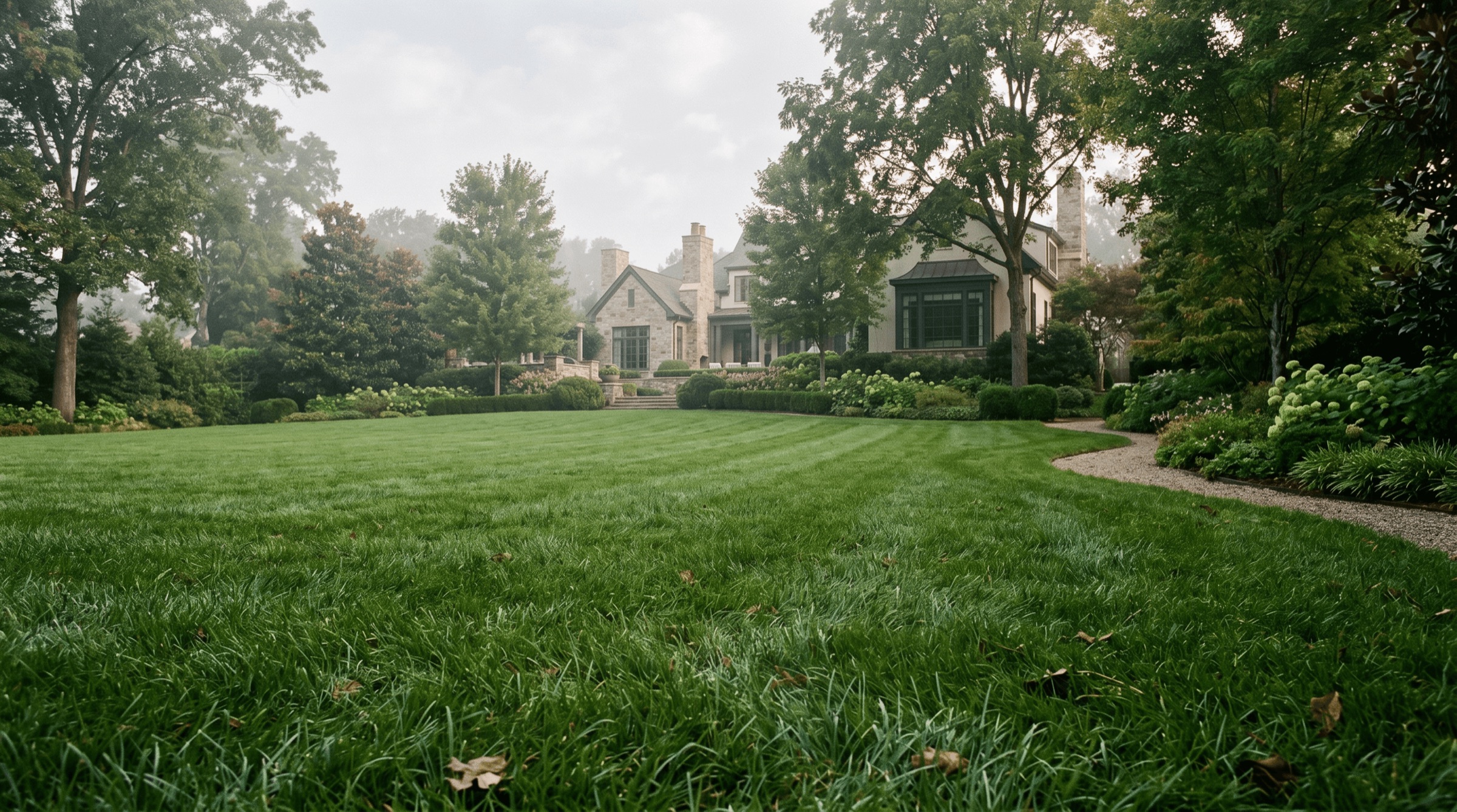 A Forest Hills lawn in morning mist