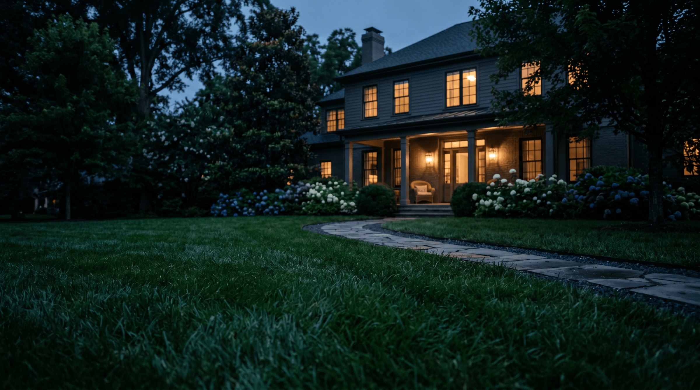 A Forest Hills lawn at twilight